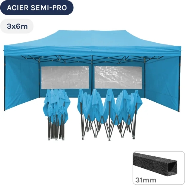 Barnum pliant - Tonnelle Acier Semi Pro 3mx6m BLEU AZUR avec Pack Fenêtres