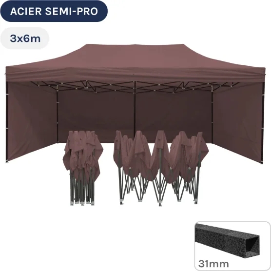 Barnum pliant - Tonnelle Acier Semi Pro 3mx6m BRUN CACAO avec Pack 4 Côtés