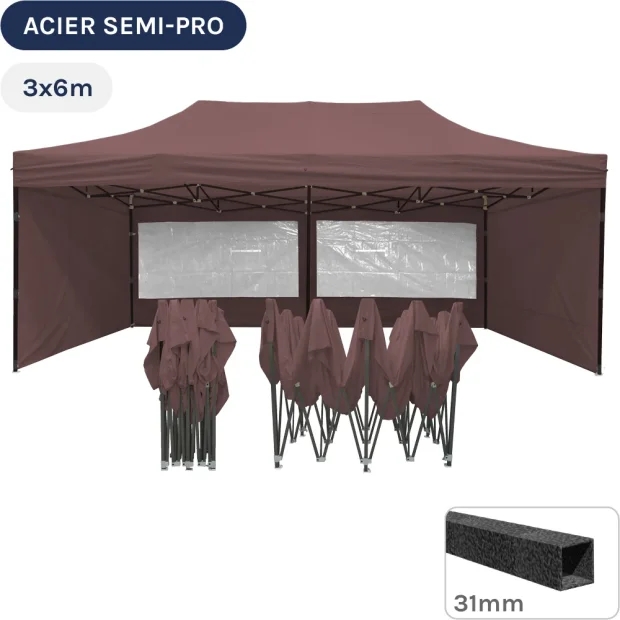 Barnum pliant - Tonnelle Acier Semi Pro 3mx6m BRUN CACAO avec Pack Fenêtres