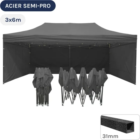 Barnum pliant - Tonnelle Acier Semi Pro 3mx6m GRIS avec Pack 4 Côtés