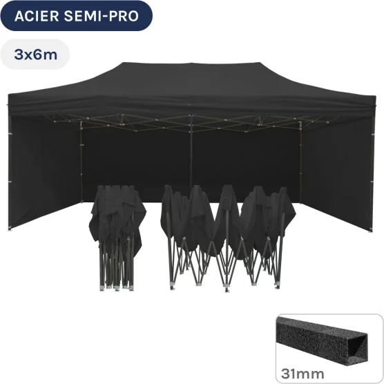 Barnum pliant - Tonnelle Acier Semi Pro 3mx6m NOIR avec Pack 4 Côtés