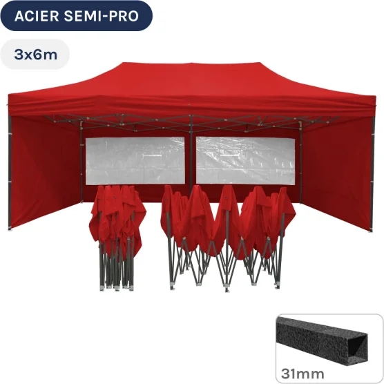 Barnum pliant - Tonnelle Acier Semi Pro 3mx6m ROUGE avec Pack Fenêtres