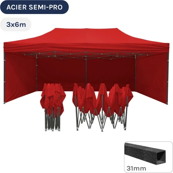 Barnum pliant - Tonnelle Acier Semi Pro 3mx6m ROUGE avec Pack 4 Côtés