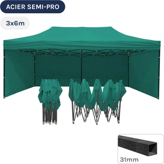 Barnum pliant - Tonnelle Acier Semi Pro 3mx6m VERT EMERAUDE avec Pack 4 Côtés