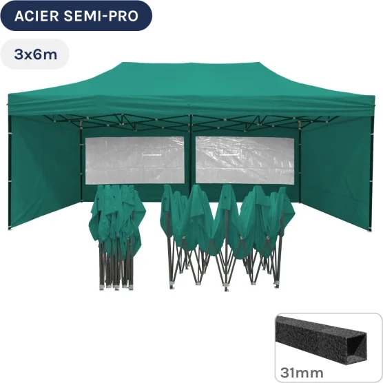 Barnum pliant - Tonnelle Acier Semi Pro 3mx6m VERT EMERAUDE avec Pack Fenêtres