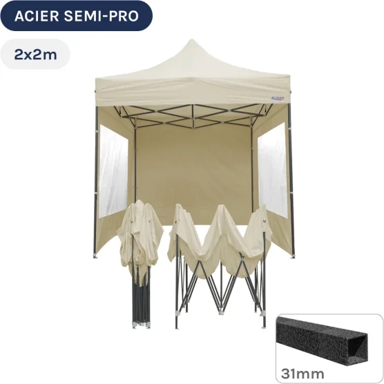 Barnum pliant - Tonnelle Acier Semi Pro 2mx2m BEIGE avec Pack Fenêtres