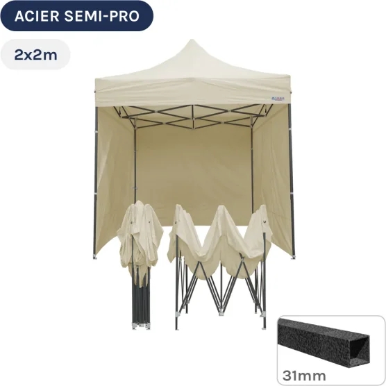 Barnum pliant - Tonnelle Acier Semi Pro 2mx2m BEIGE avec Pack 4 Côtés