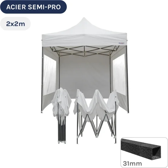 Barnum pliant - Tonnelle Acier Semi Pro 2mx2m BLANC avec Pack Fenêtres