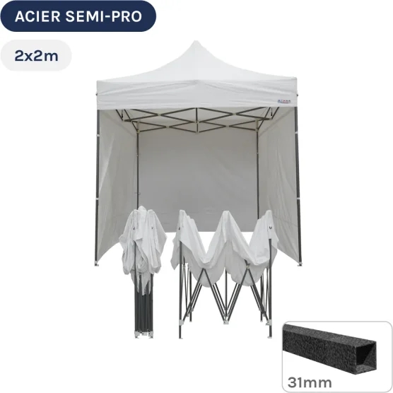 Barnum pliant - Tonnelle Acier Semi Pro 2mx2m BLANC avec Pack 4 Côtés