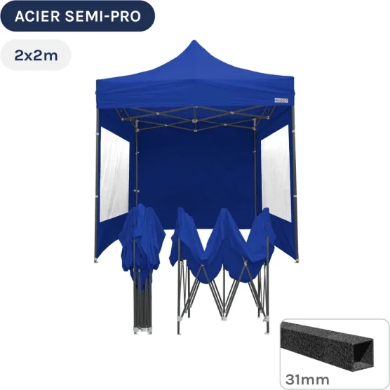 Barnum pliant - Tonnelle Acier Semi Pro 2mx2m BLEU avec Pack Fenêtres