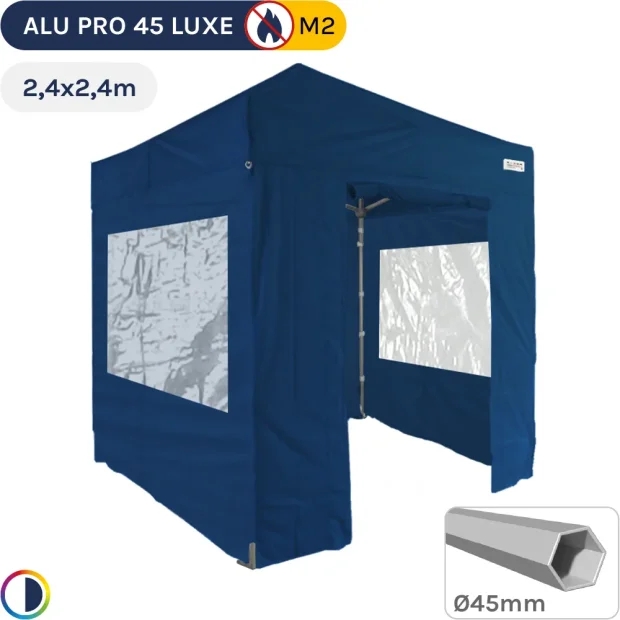 Barnum pliant - Tente pliante Alu Pro 45 LUXE M2 2,4mx2,4m BLEU + Pack Fenêtres 380gr/m²