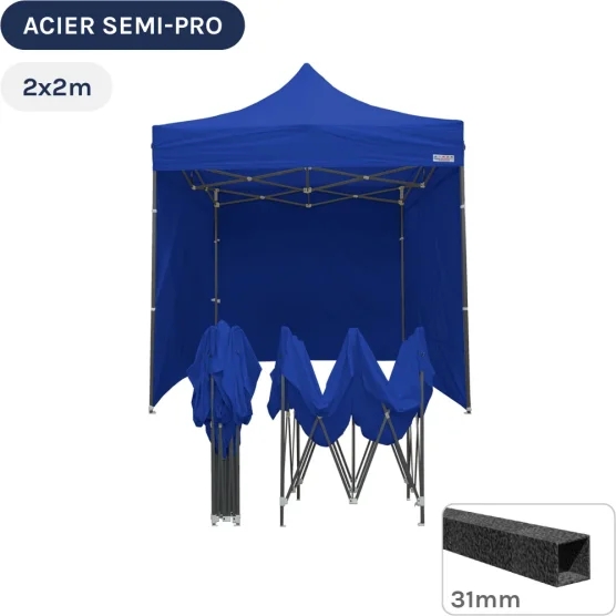 Barnum pliant - Tonnelle Acier Semi Pro 2mx2m BLEU avec Pack 4 Côtés