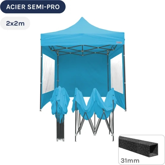 Barnum pliant - Tonnelle Acier Semi Pro 2mx2m BLEU AZUR avec Pack Fenêtres