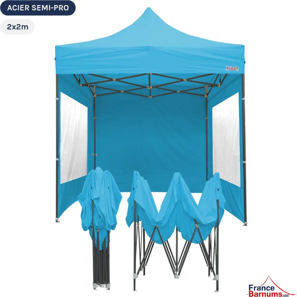 Tente Pliante Tonnelle Acier Semi Pro 2mx2m BLEU AZUR avec Pack Fenêtres