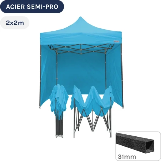 Barnum pliant - Tonnelle Acier Semi Pro 2mx2m BLEU AZUR avec Pack 4 Côtés