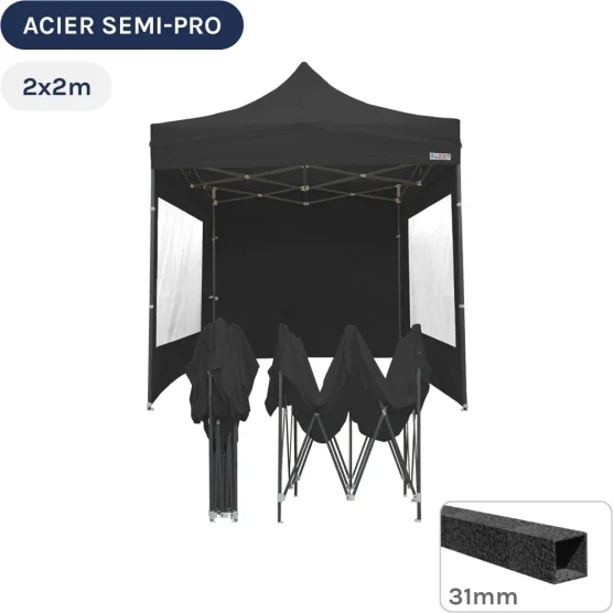 Barnum pliant - Tonnelle Acier Semi Pro 2mx2m NOIR avec Pack Fenêtres