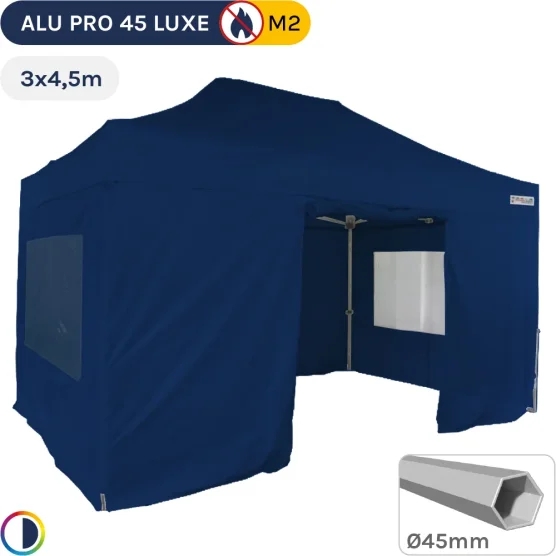 Barnum pliant - Stand pliant Alu Pro 45 LUXE M2 3mx4,5m BLEU + Pack Fenêtres 380gr/m²