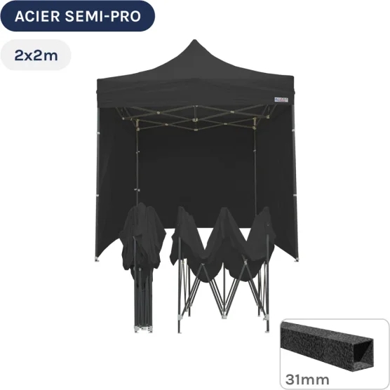 Barnum pliant - Tonnelle Acier Semi Pro 2mx2m NOIR avec Pack 4 Côtés