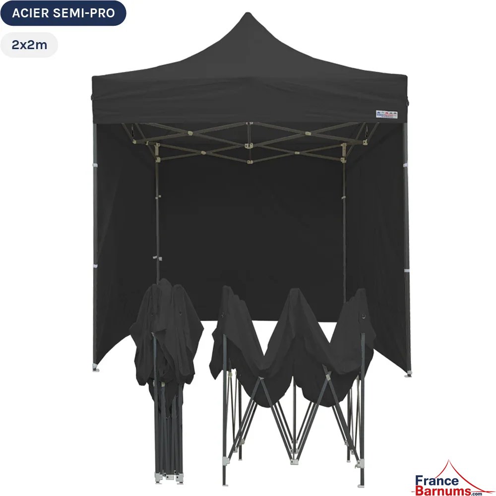 Tente Pliante Tonnelle Acier Semi Pro 2mx2m NOIR avec Pack 4 Côtés