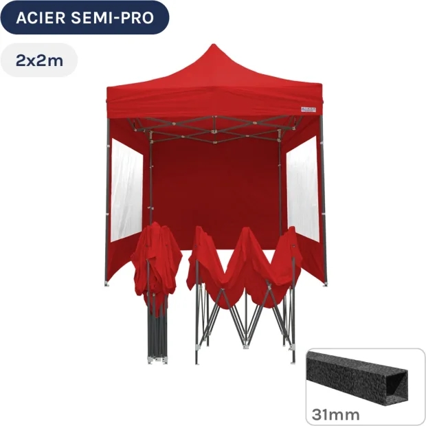 Barnum pliant - Tonnelle Acier Semi Pro 2mx2m ROUGE avec Pack Fenêtres