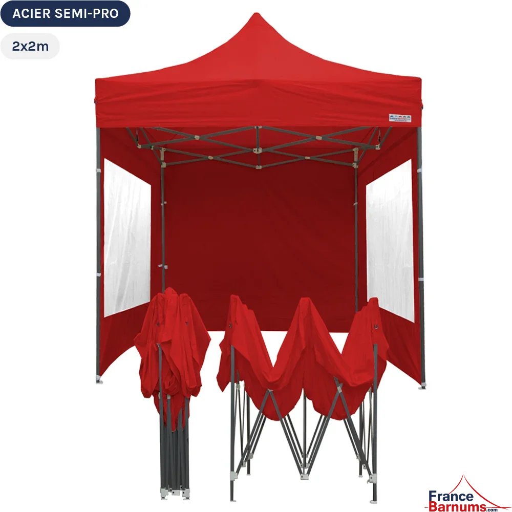 Tente Pliante Tonnelle Acier Semi Pro 2mx2m ROUGE avec Pack Fenêtres