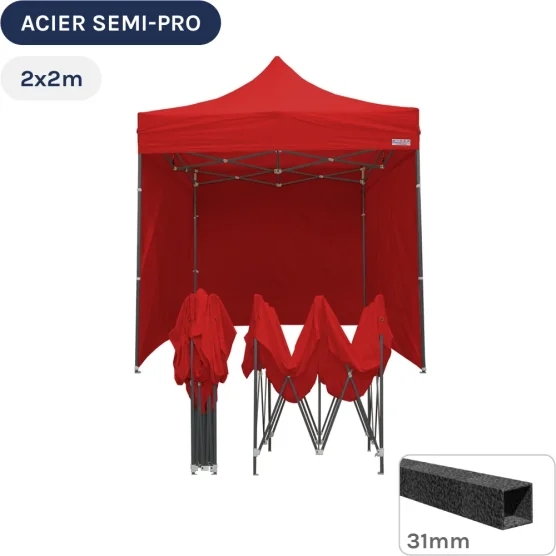 Barnum pliant - Tonnelle Acier Semi Pro 2mx2m ROUGE avec Pack 4 Côtés