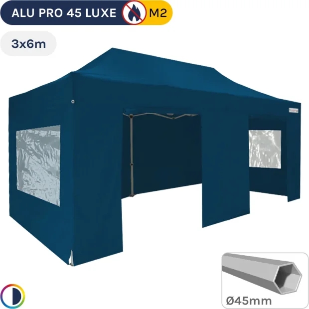 Barnum pliant - Tente pliante Alu Pro 45 LUXE M2 3mx6m BLEU + Pack Fenêtres 380gr/m²