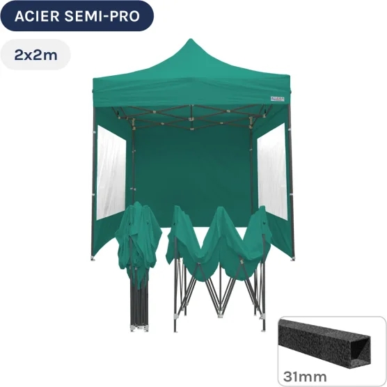 Barnum pliant - Tonnelle Acier Semi Pro 2mx2m VERT EMERAUDE avec Pack Fenêtres