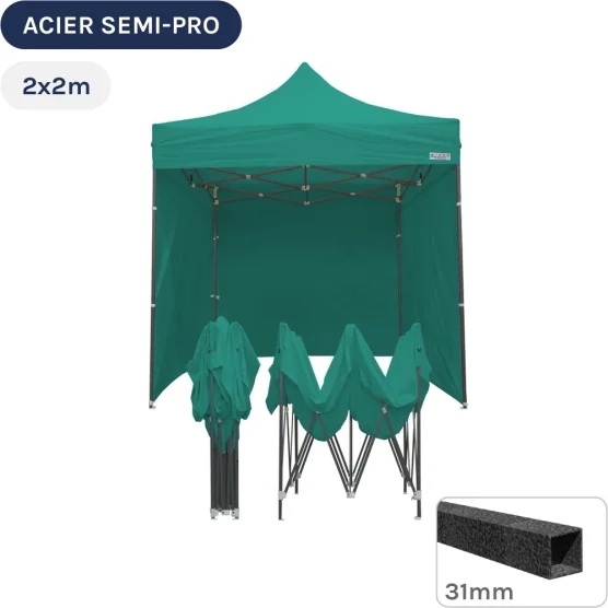 Barnum pliant - Tonnelle Acier Semi Pro 2mx2m VERT EMERAUDE avec Pack 4 Côtés