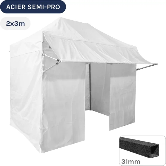 Barnum pliant - Tonnelle Acier Semi Pro 2mx3m BLANC avec Pack 4 Côtés et Casquette amovible