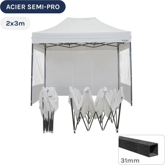 Barnum pliant - Tonnelle Acier Semi Pro 2mx3m BLANC avec Pack Fenêtres