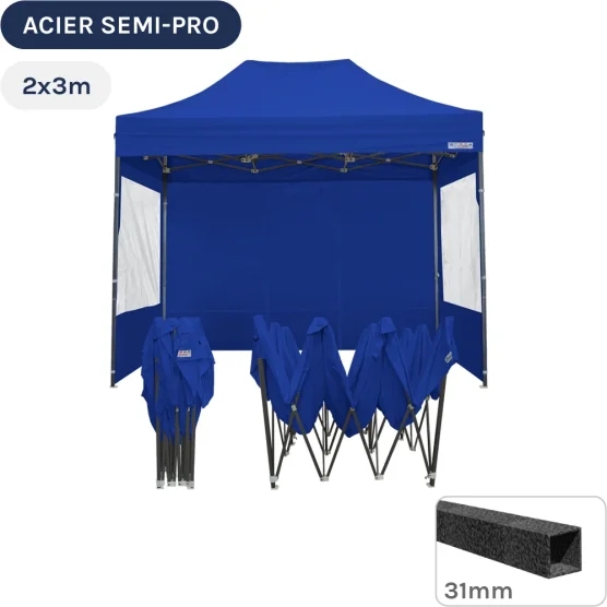 Barnum pliant - Tonnelle Acier Semi Pro 2mx3m BLEU avec Pack Fenêtres