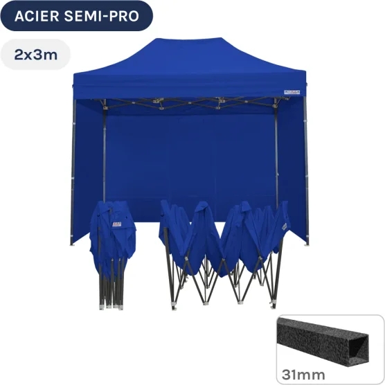 Barnum pliant - Tonnelle Acier Semi Pro 2mx3m BLEU avec Pack 4 Côtés