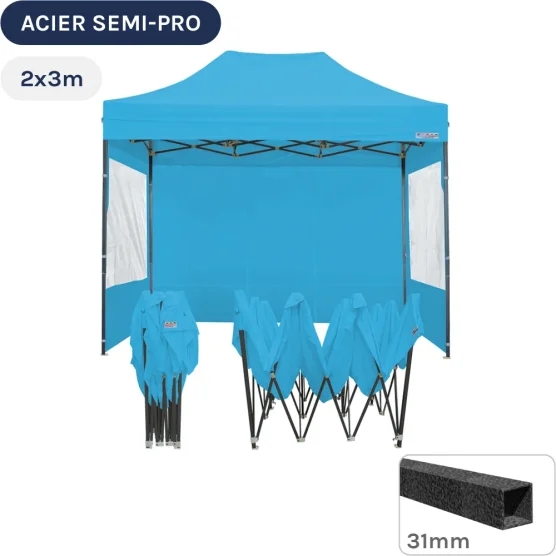 Barnum pliant - Tonnelle Acier Semi Pro 2mx3m BLEU AZUR avec Pack Fenêtres