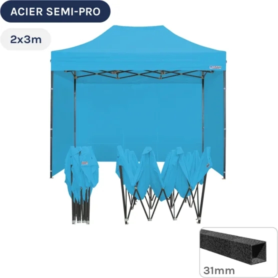 Barnum pliant - Tonnelle Acier Semi Pro 2mx3m BLEU AZUR avec Pack 4 Côtés