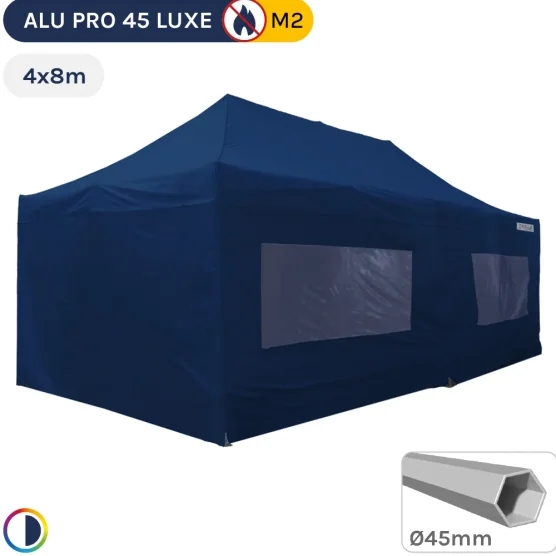 Barnum pliant - Stand pliant Alu Pro 45 LUXE M2 4mx8m BLEU + Pack Fenêtres 380gr/m²