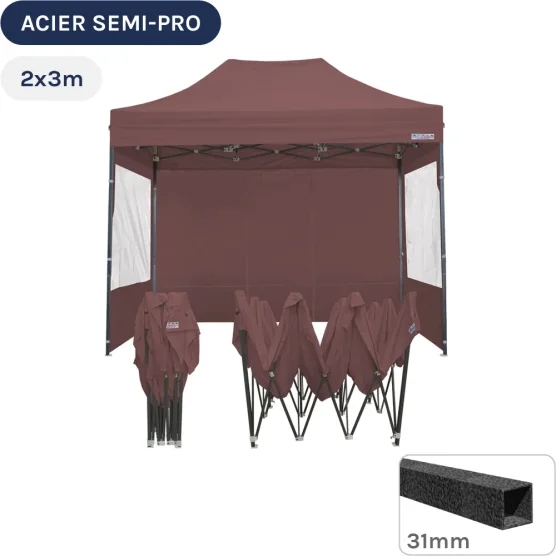 Barnum pliant - Tonnelle Acier Semi Pro 2mx3m BRUN CACAO avec Pack Fenêtres