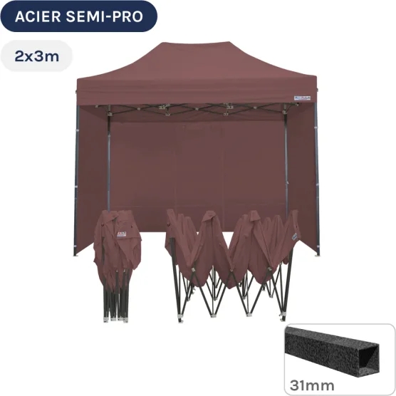 Barnum pliant - Tonnelle Acier Semi Pro 2mx3m BRUN CACAO avec Pack 4 Côtés