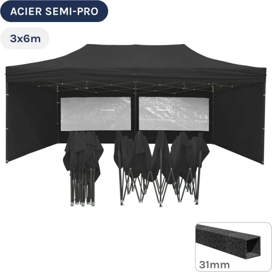 Barnum pliant - Tonnelle Acier Semi Pro 3mx6m NOIR avec Pack Fenêtres