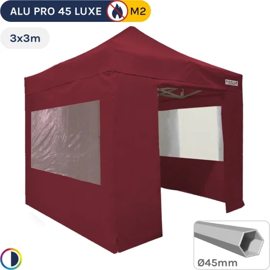 Barnum pliant - Tente pliante Alu Pro 45 LUXE M2 3mx3m ROUGE BORDEAUX + Pack Fenêtres 380gr/m² normalisé résistance au feu M2