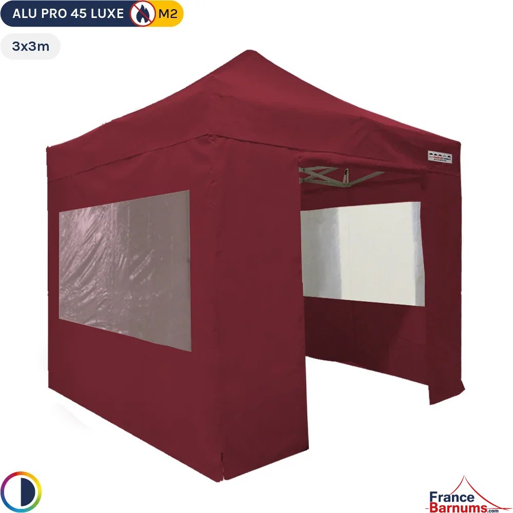 Tente pliante - Tente pliante Alu Pro 45 LUXE M2 3mx3m ROUGE BORDEAUX + Pack Fenêtres 380gr/m² normalisé résistance au feu M2