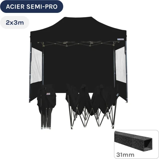 Barnum pliant - Tonnelle Acier Semi Pro 2mx3m NOIR avec Pack Fenêtres