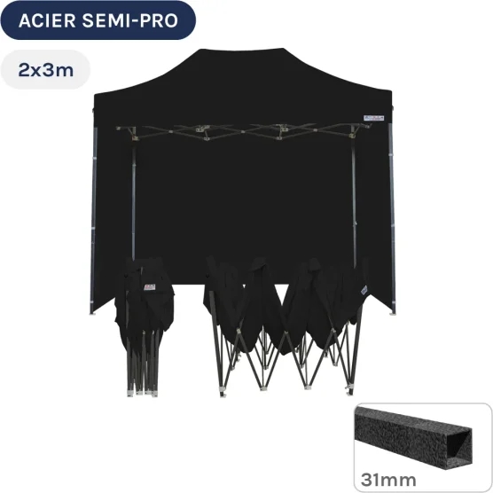 Barnum pliant - Tonnelle Acier Semi Pro 2mx3m NOIR avec Pack 4 Côtés