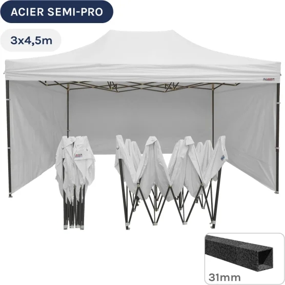 Barnum pliant - Tonnelle Acier Semi Pro 3mx4,5m BLANC avec Pack 4 Côtés