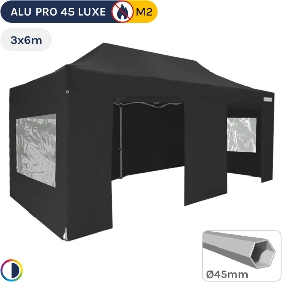 Barnum pliant - Stand pliant Alu Pro 45 LUXE M2 3mx6m NOIR + Pack Fenêtres 380gr/m²