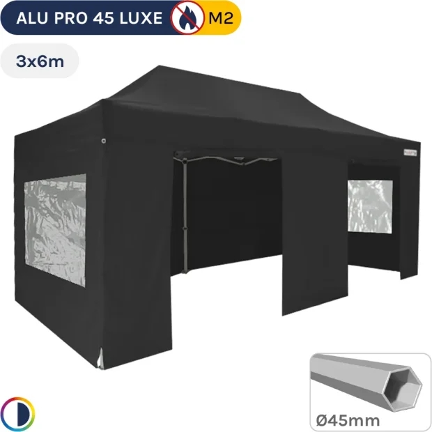 Barnum pliant - Tente pliante Alu Pro 45 LUXE M2 3mx6m NOIR + Pack Fenêtres 380gr/m²