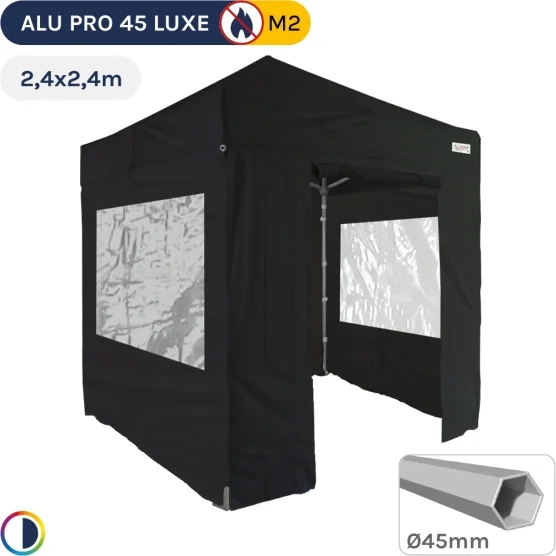 Barnum pliant - Stand pliant Alu Pro 45 LUXE M2 2,4mx2,4m NOIR + Pack Fenêtres 380gr/m²