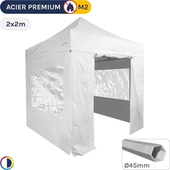 Barnum Pliant - Stand Acier Premium M2 2x2m BLANC + Pack Fenêtres 380gr/m²