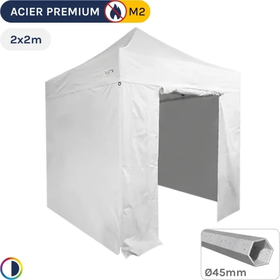 Barnum Pliant - Stand Acier Premium M2 2x2m BLANC + Pack Côtés 380gr/m²