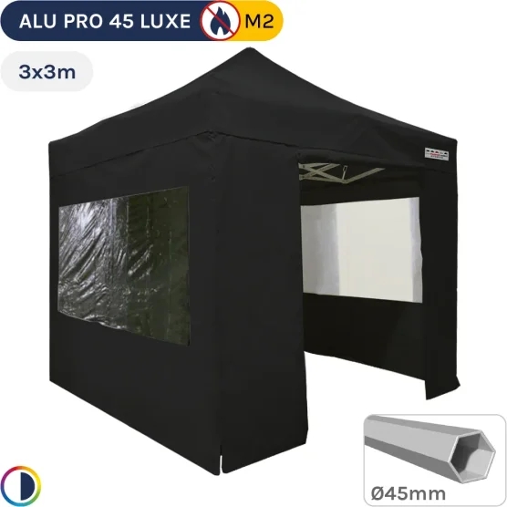 Barnum pliant - Stand pliant Alu Pro 45 LUXE M2 3mx3m NOIR + Pack Fenêtres 380gr/m²